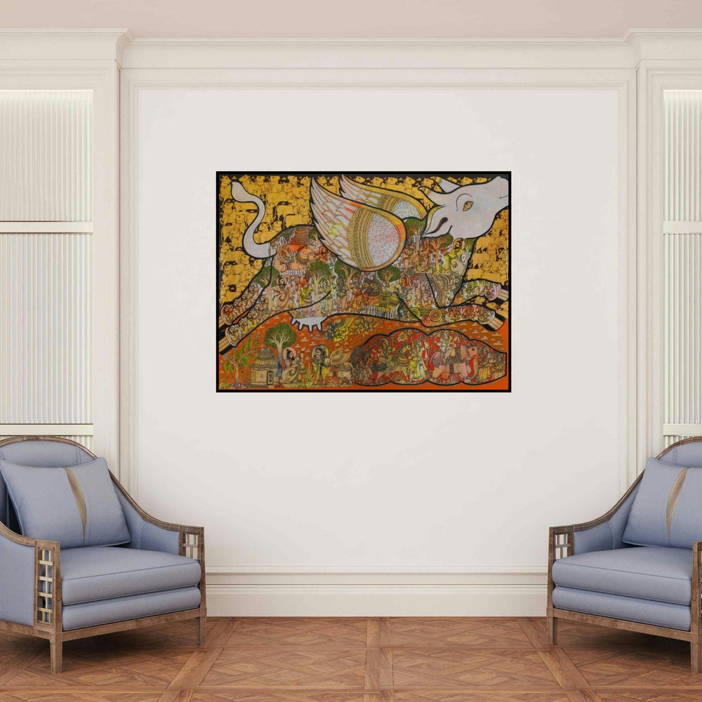 'Kamadhenu (Sacred Cow)' painting by Ramesh Gorjala shown on a wall in a furnished room.