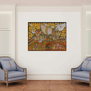 'Kamadhenu (Sacred Cow)' painting by Ramesh Gorjala shown on a wall in a furnished room.