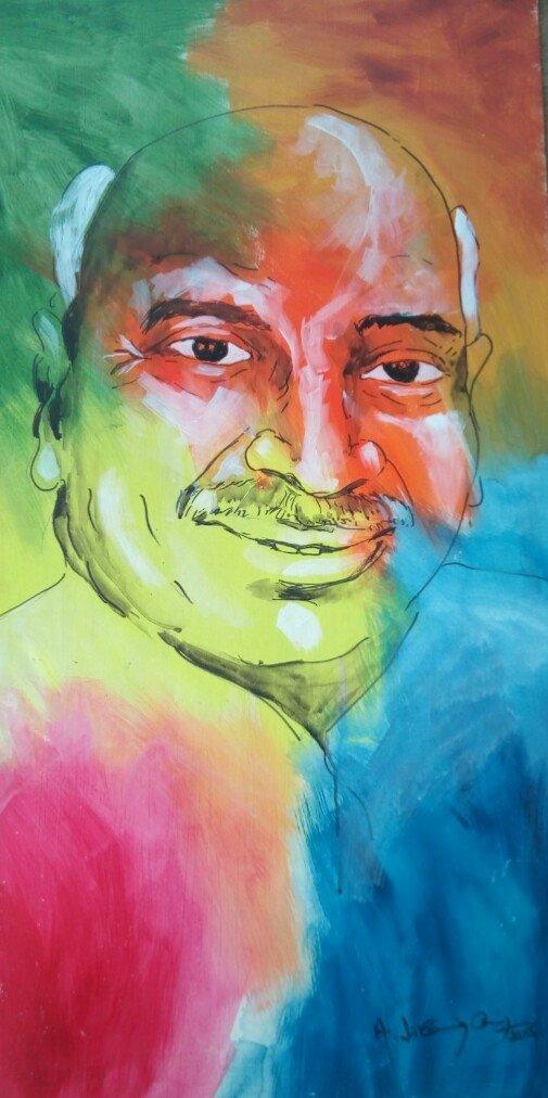 Portrait acrylic painting titled 'Kamarajar', 48x36 inches, by artist Vignesh Kumar on CardBoard