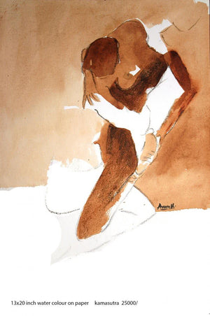 Kamasutra Nude Couple 3 (Introspection) by Arun K Mishra, Original Watercolor Erotic Painting on Paper, Small Vertical Wall Art