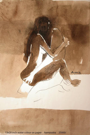 Kamasutra Nude Couple (Embrace) by Arun K Mishra, Original Watercolor Erotic Painting on Paper, Small Vertical Wall Art