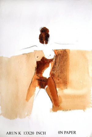 Kamasutra Nude Women (Contour Study) by Arun K Mishra, Original Watercolor Erotic Painting on Paper, Small Vertical Wall Art