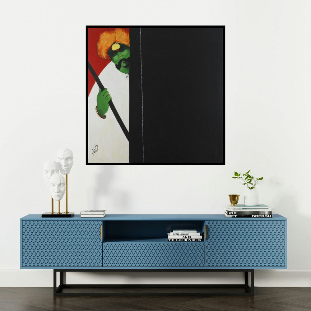 'Kambal (Vigilance)' painting by Raosaheb Gurav shown on a wall in a furnished room.