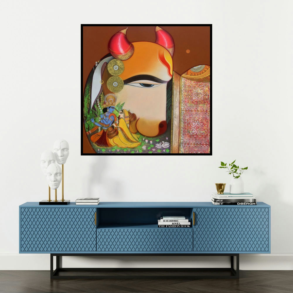 'Kamdhenu (Nandi's Divine Vision)' painting by Ashok Rathod shown on a wall in a furnished room.