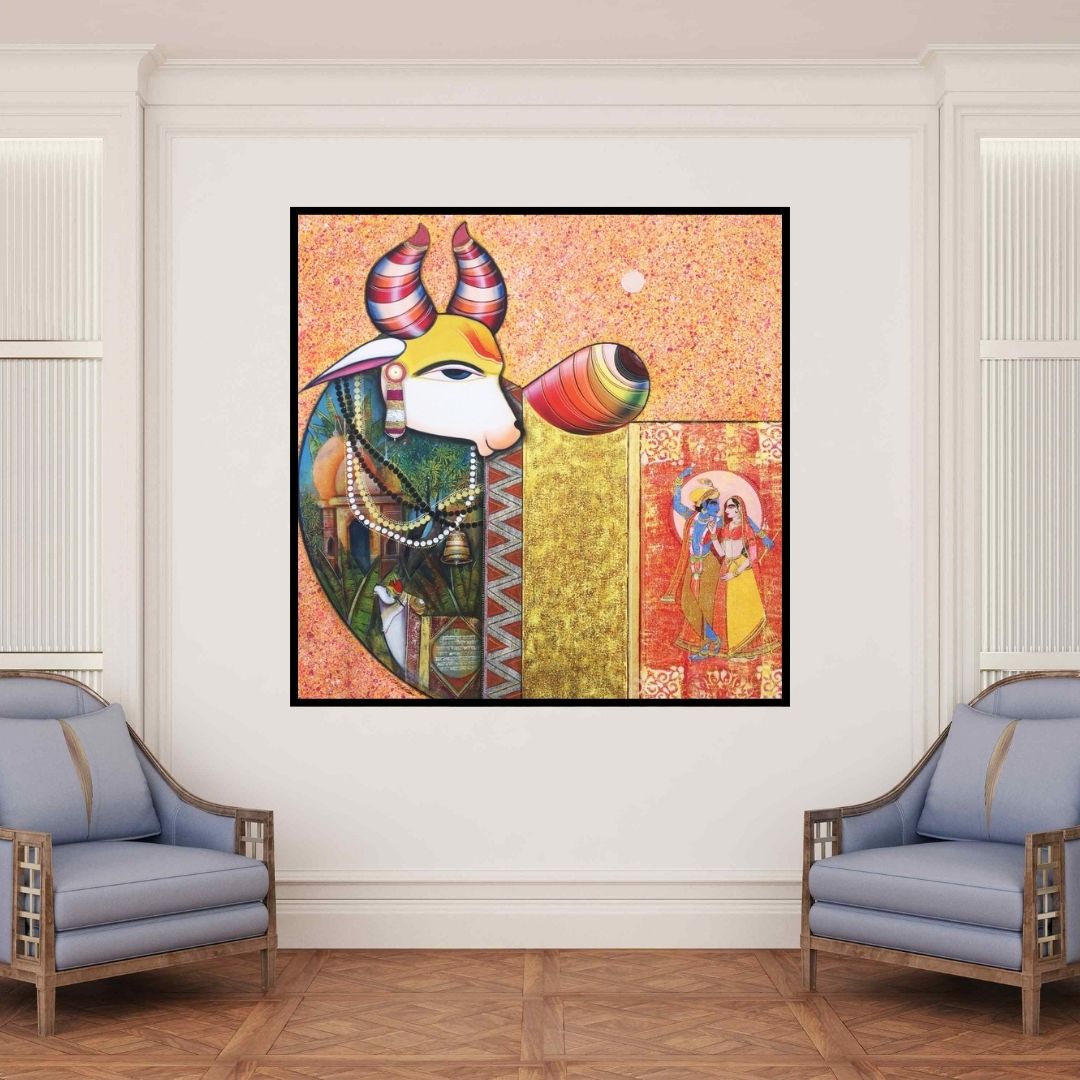 In-situ view of Ashok Rathod's 'Kamdhenu 2 (Nandi's Divine Vision)' painting in a room
