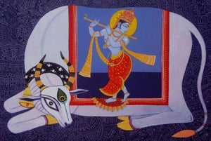 Kamdhenu 5 by Bhaskar Lahiri, Original Acrylic Religious Painting on Canvas, Medium Horizontal Wall Art