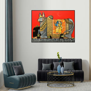 Ashok Rathod's 'Kamdhenu (Nandi's Divine Vision)' painting visualized above a sofa in a contemporary room.