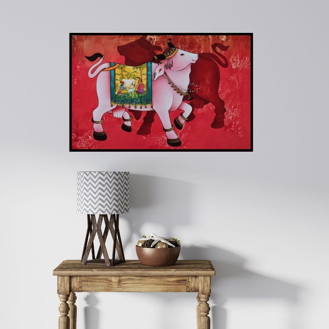 In-situ view of Paras Parmar's 'Kamdhenu (Sacred Cow (Pichwai Style))' painting in a room
