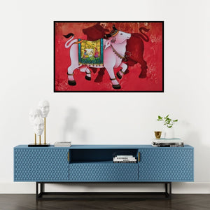 Preview of 'Kamdhenu (Sacred Cow (Pichwai Style))' Painting by Paras Parmar shown on a wall in a furnished room.