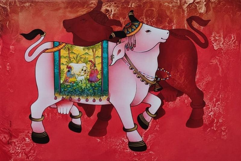 Religious acrylic painting titled 'Kamdhenu', 24x36 inches, by artist Paras Parmar on Canvas