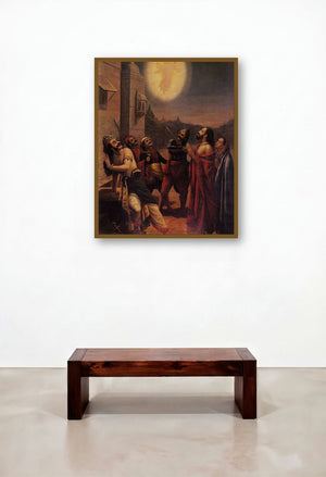 Kamsa Maya (Arjunas Divine Revelation) by artist Raja Ravi Varma displayed in a Traditional Home Office