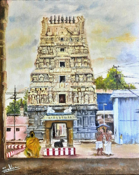Kanchi Diaries 1' religious oil painting by artist Subhashree Sridhar, 13x11 inch, on canvas