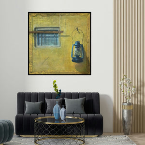 Gopal Pardeshi's 'Kandil (A Glimpse of the Past)' painting visualized above a sofa in a contemporary room.