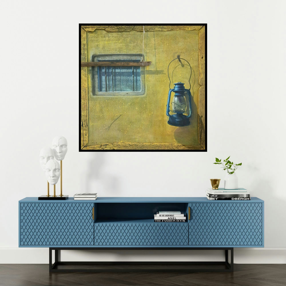 'Kandil (A Glimpse of the Past)' painting by Gopal Pardeshi shown on a wall in a furnished room.