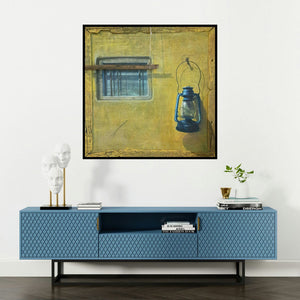 'Kandil (A Glimpse of the Past)' painting by Gopal Pardeshi shown on a wall in a furnished room.