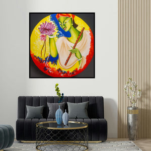 Deepali Mundra's 'Kanha (Krishna and the Lotus)' painting visualized above a sofa in a contemporary room.