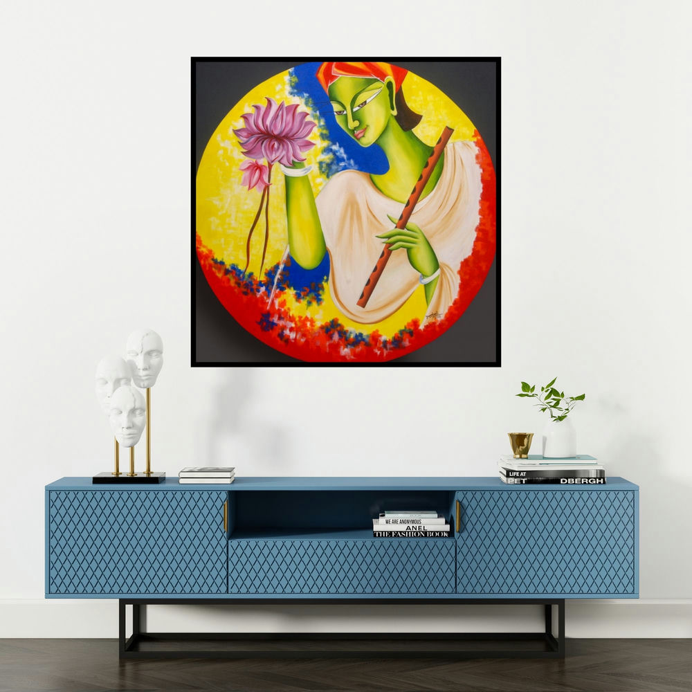 'Kanha (Krishna and the Lotus)' painting by Deepali Mundra shown on a wall in a furnished room.