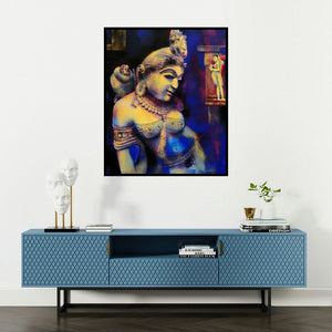 Devendra Nimbargikar's 'Kanishka (Sanctuary of the Divine)' painting visualized above a sofa in a contemporary room.