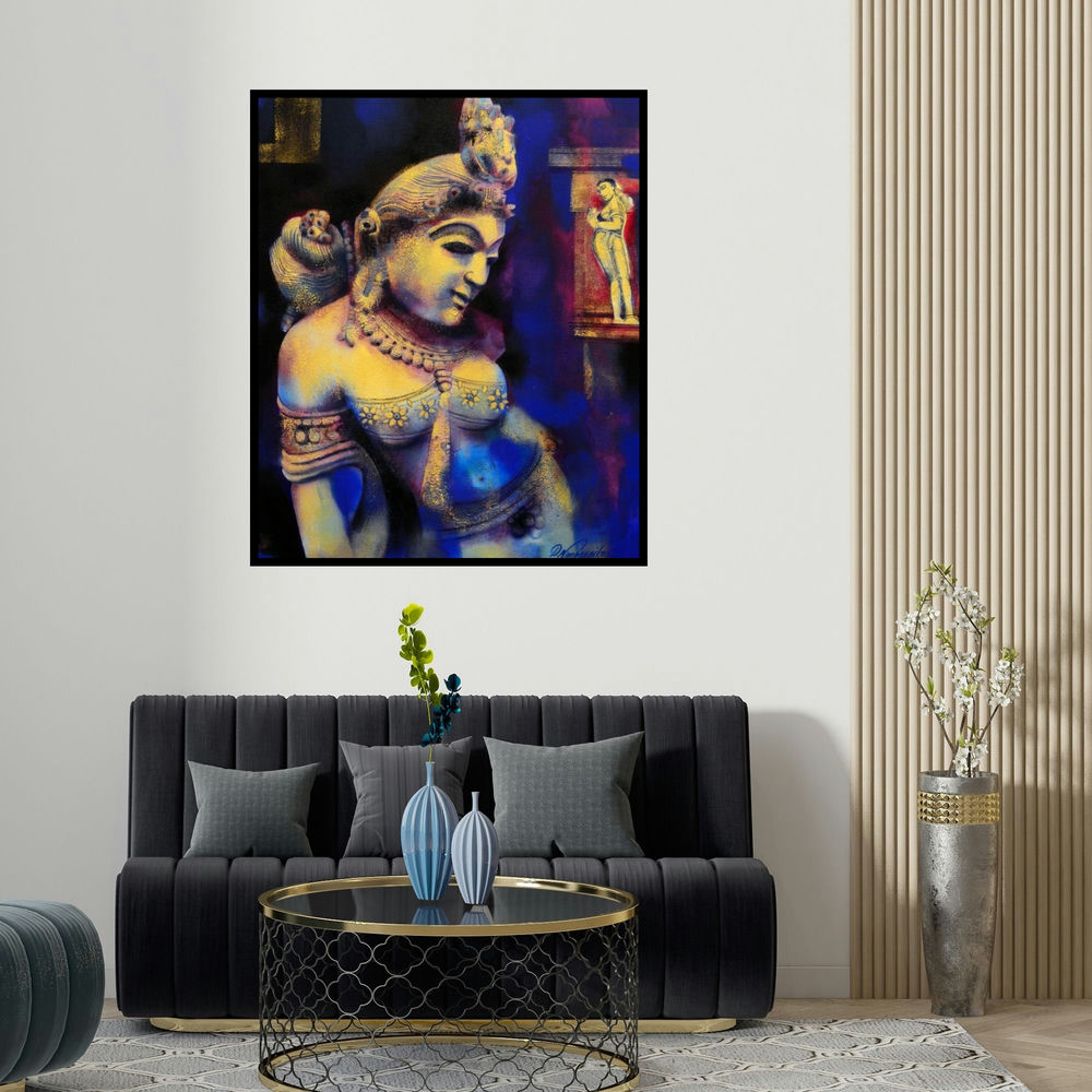 'Kanishka (Sanctuary of the Divine)' painting by Devendra Nimbargikar shown on a wall in a furnished room.