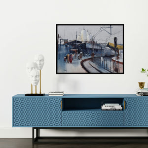Preview of 'Kanpur Central 3 (Untitled)' Painting by Bijay Biswaal shown on a wall in a furnished room.