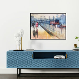 Preview of 'Kanpur Central Labour Day 2 (Untitled)' Painting by Bijay Biswaal shown on a wall in a furnished room.