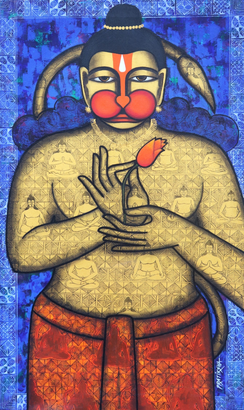 Kapeeshwar Lord Of The Monkeys' religious acrylic-charcoal painting by artist Pratiksha Bothe, 40x24 inch, on canvas