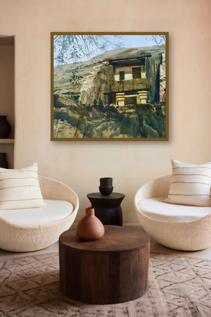 Karle Caves (Village on the Hillside) by artist Abhijit Jadhav displayed in a Museum Style gallery