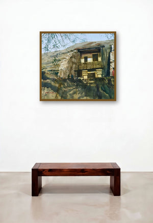 Karle Caves (Village on the Hillside) by artist Abhijit Jadhav displayed in a Art Deco Living Room