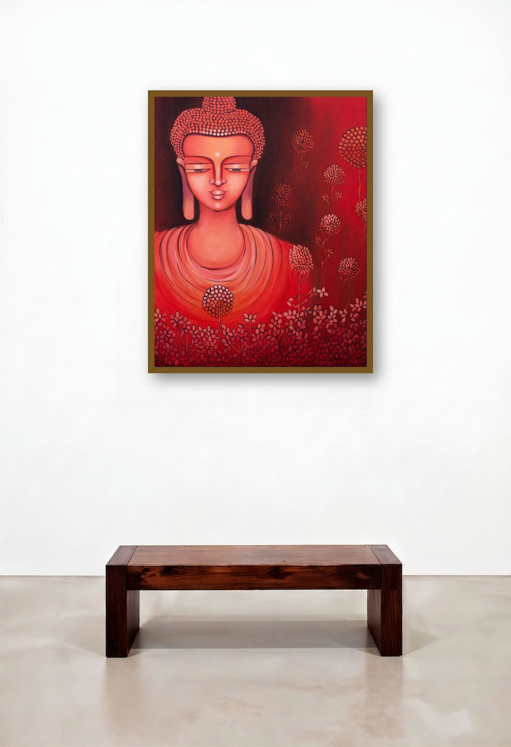 Karuna Series 1 (Buddha in Crimson Bloom) by artist Nitu Chhajer displayed in a Industrial Hotel Lobby