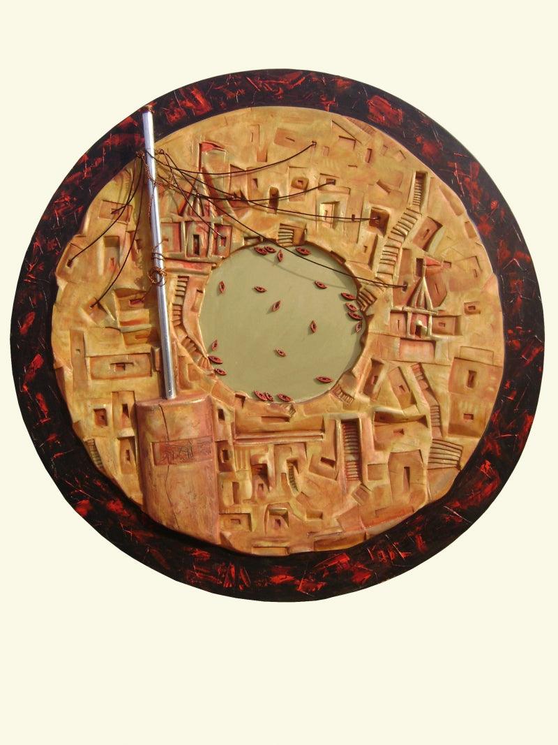 Religious sculpture titled 'Kashi Nagari', 48x48x4 inches, by artist Gurucharan Singh on Fiberglass, Metal