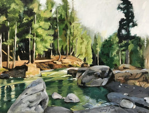 Kashmir (Tranquil Forest Stream) by Shagufta Mehdi, Original Oil Landscape Painting on Canvas, Medium Horizontal Wall Art