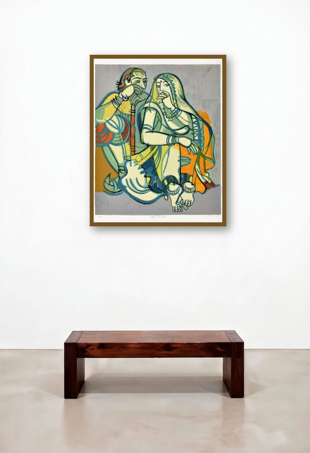 Kathiawadi Couple by artist Jyoti Bhatt displayed in a Classic Foyer