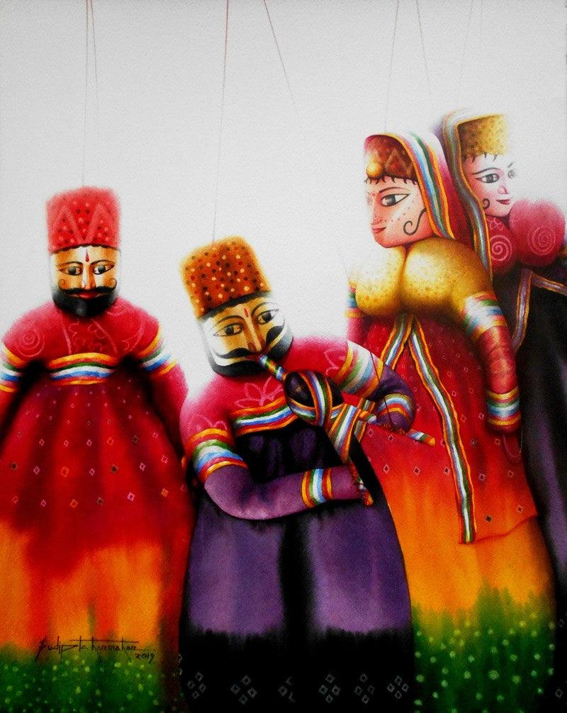 Figurative watercolor painting titled 'Kathputli', 23x18 inches, by artist Sudipta Karmakar on Paper