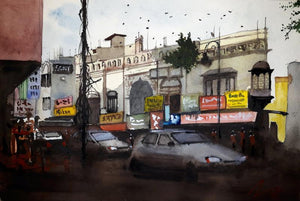 Cityscape watercolor painting titled 'Katra Sher Singh Market', 8x11 inches, by artist Arunava Ray on Paper