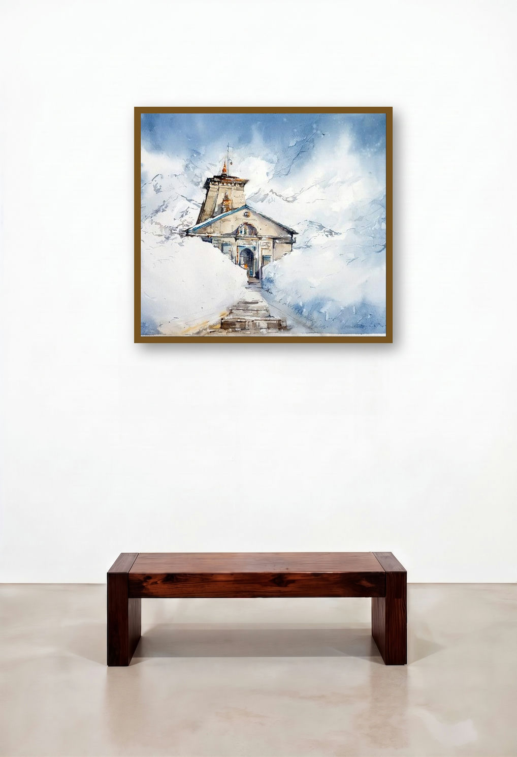 Kedarnath India (Temple Under the Moonlight) by artist Milind Bhanji displayed in a Contemporary Luxury Dining Room
