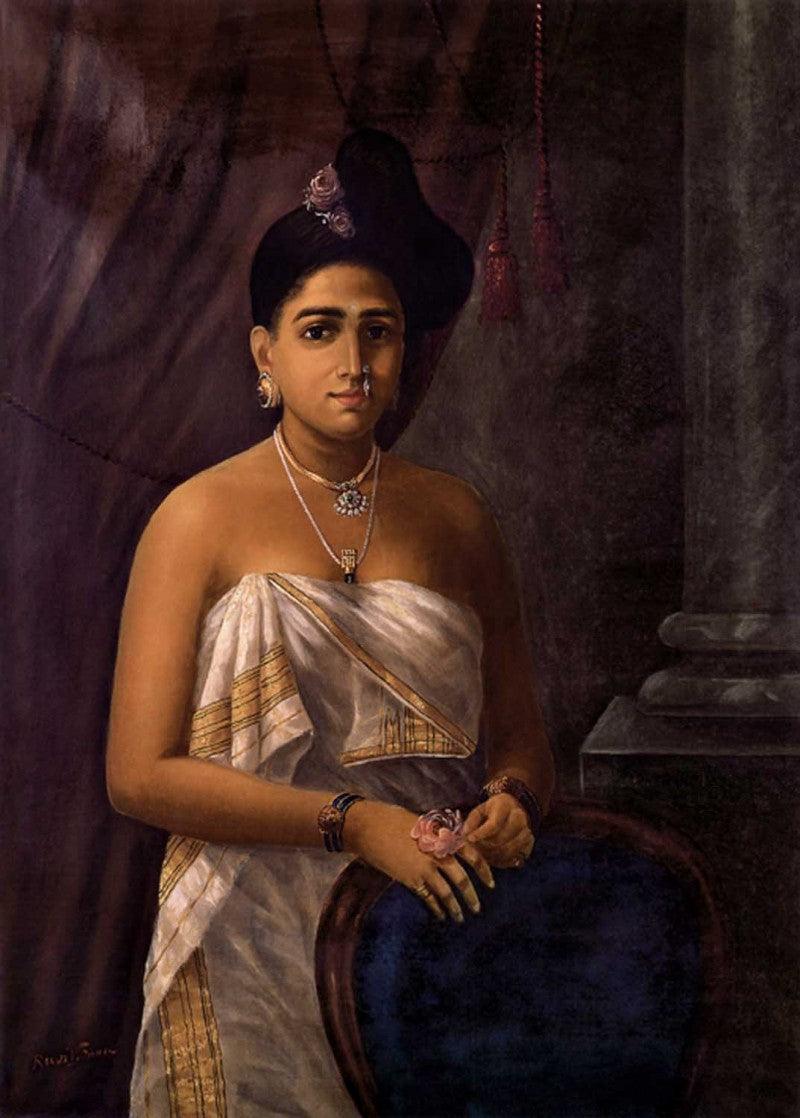 Figurative oil painting titled 'Kerala Beauty', 36x26 inches, by artist Raja Ravi Varma Reproduction on Canvas