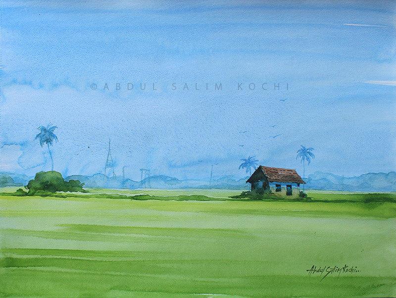 Landscape watercolor painting titled 'Kerala Landscape 3', 9x12 inches, by artist Abdul Salim on Paper