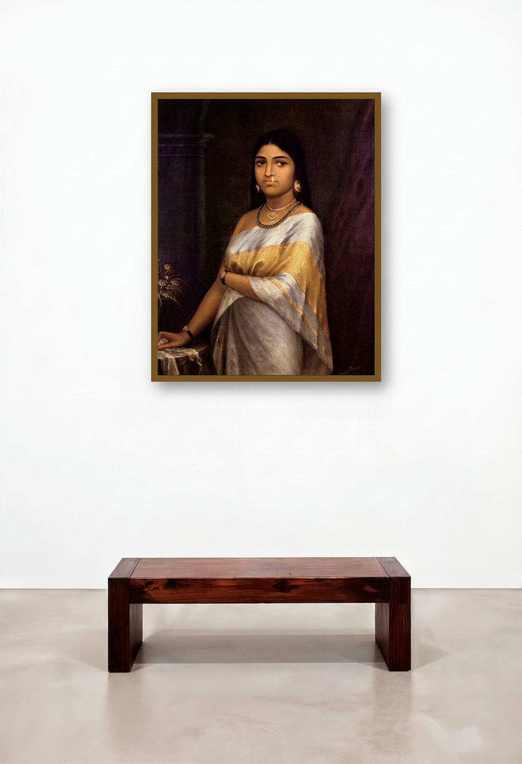 Kerala Royal Lady (Arjunas Cosmic Glimpse) by artist Raja Ravi Varma displayed in a Art Deco Executive Office