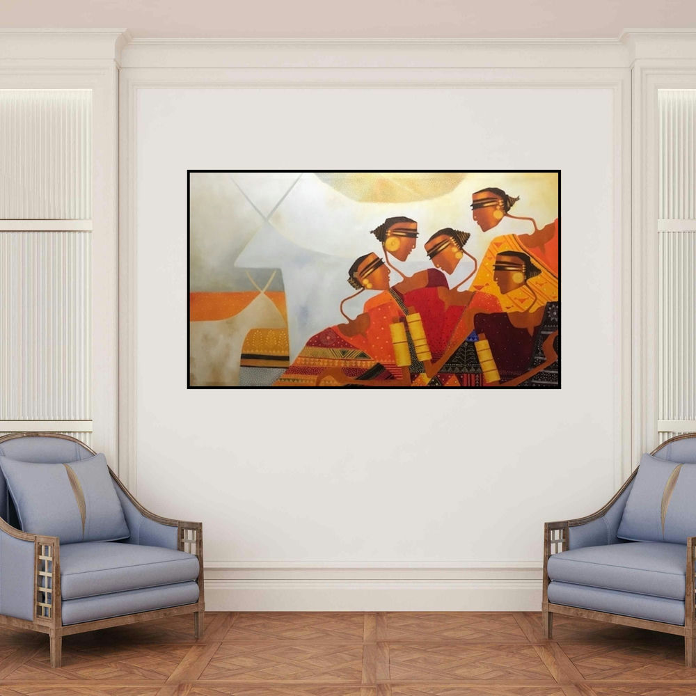 'Kesariya (Women in Conversation)' painting by Bharti Prajapati shown on a wall in a furnished room.