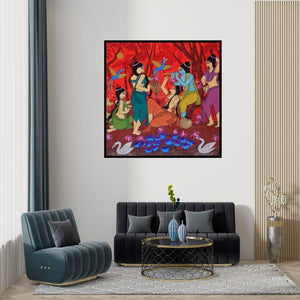 Preview of 'Keshava (Divine Dance)' Painting by Chetan Katigar shown on a wall in a furnished room.