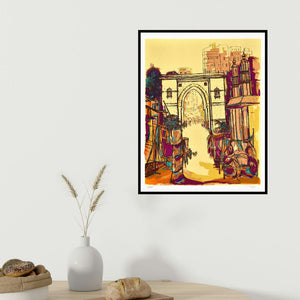 Vrindavan Solanki's 'Khanpur Darwaza (A Vibrant Cityscape)' painting visualized above a sofa in a contemporary room.