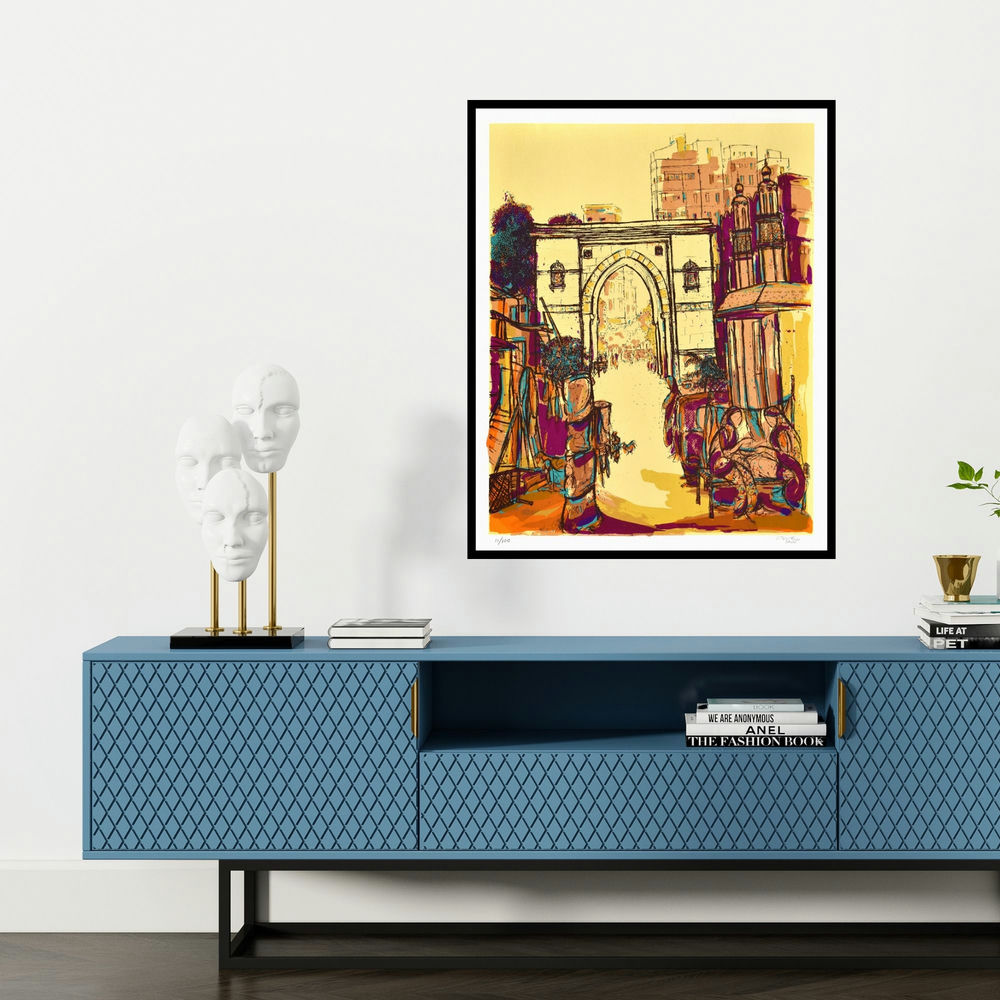 'Khanpur Darwaza (A Vibrant Cityscape)' painting by Vrindavan Solanki shown on a wall in a furnished room.