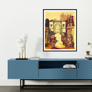 'Khanpur Darwaza (A Vibrant Cityscape)' painting by Vrindavan Solanki shown on a wall in a furnished room.