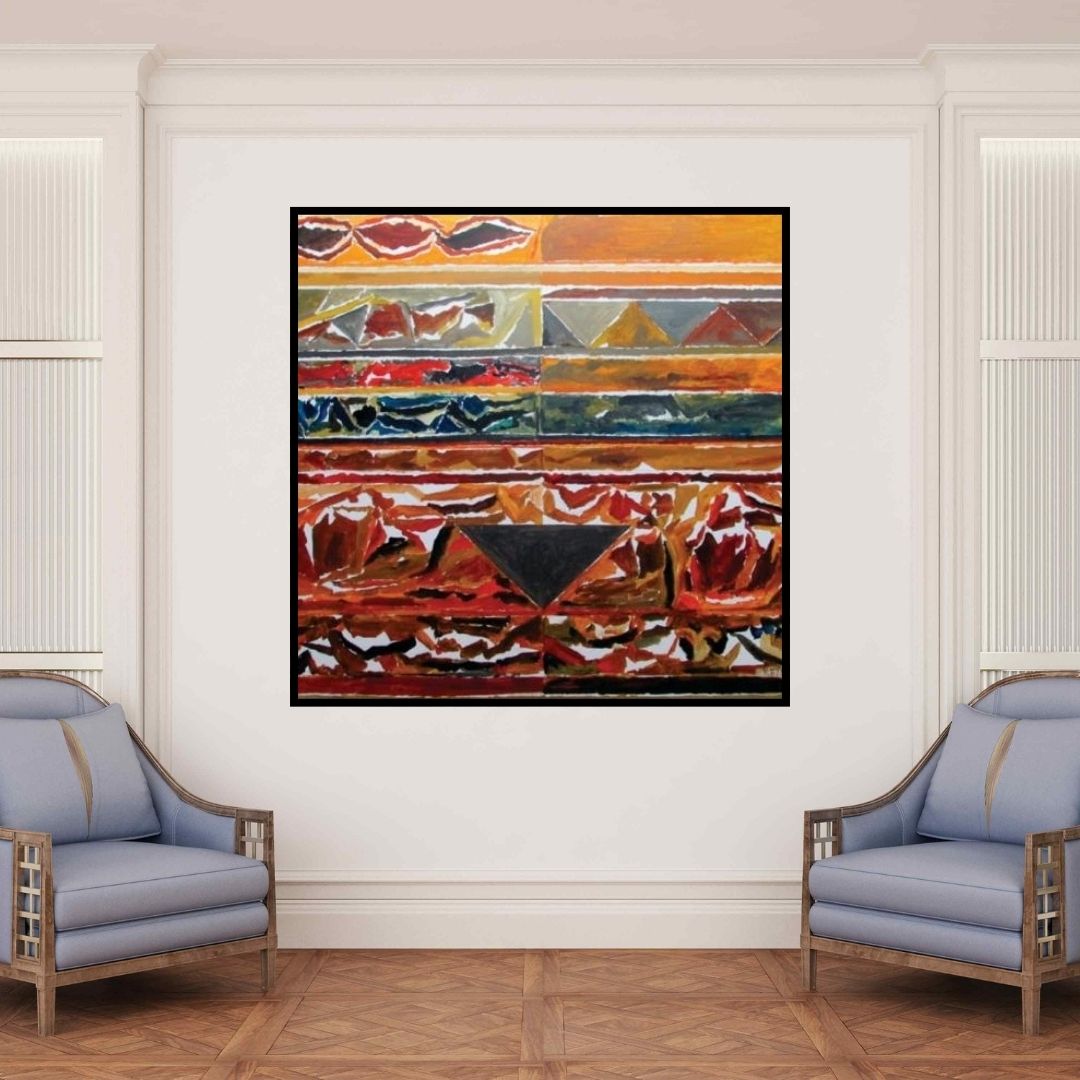 In-situ view of S H Raza's 'Khoj (Earth and Sky)' painting in a room