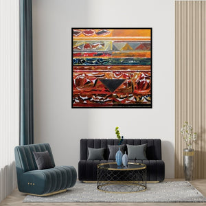 Preview of 'Khoj (Earth and Sky)' Painting by S H Raza shown on a wall in a furnished room.