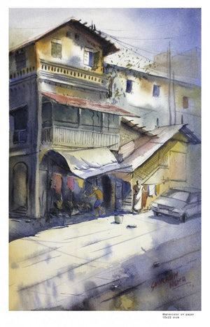 Khotachi Wadi (Urban Abode: A Glimpse of City Life) by Sourabh Nema, Original Watercolor Landscape Painting on Handmade Paper, Small Vertical Wall Art