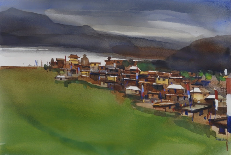 'Kibber Tiny Village In Valley' landscape watercolor painting by artist Prashant Prabhu, 22x30 inch, on paper