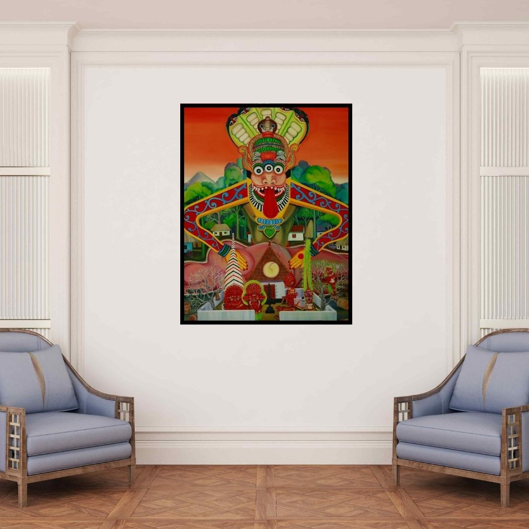 In-situ view of Rejeesh Sarovar's 'Kim Purushan The Lord Of Land Deities (Theyyam)' painting in a room