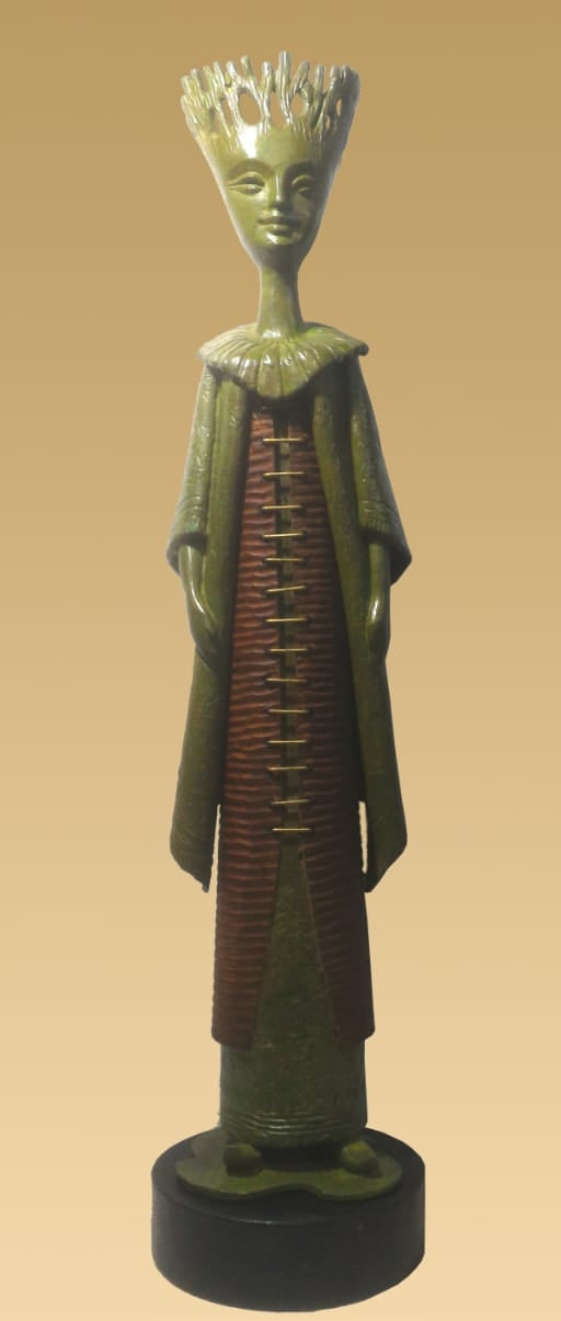 'The King' figurative Bronze, Wood sculpture by artist Subrata Paul, 26x6 inch, on bronze, wood