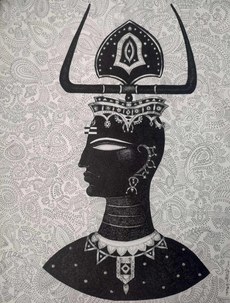 Figurative pen ink painting titled 'King', 24x20 inches, by artist Bhaskar Lahiri on Paper